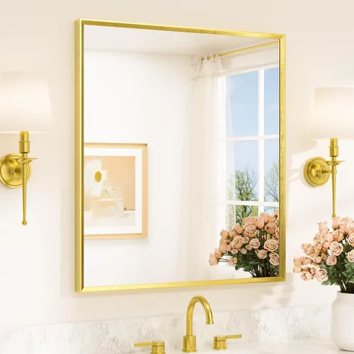 Vista 98 de TETOTE Espejo de baño dorado cepillado de 20" x 30", espejo de tocador de baño rectangular de latón dorado cepillado con marco biselado para sobre