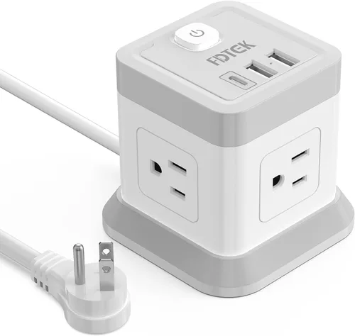 Vista 15 de FDTEK - Tira de alimentación USB C de 2 clavijas, 4 tomas de corriente, 3 USB, cable de extensión de 5 pies, color blanco 2 Prong Desktop Charging