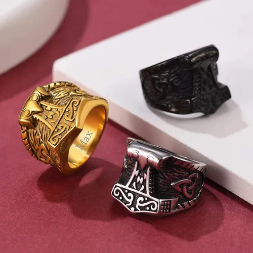 Vista 9 de FaithHeart Norse Viking Jewelry - Anillo de acero inoxidable de guerrero para hombre con diseño vikingo de cabeza de lobomartillo de Thor
