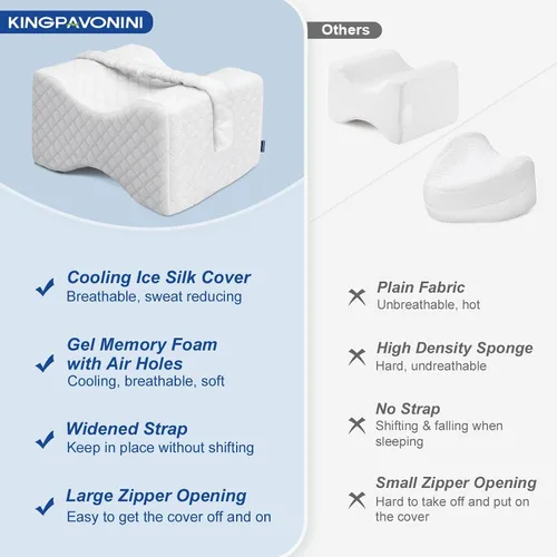 Vista 5 de KingPavonini Almohada de rodilla refrescante para dormir de lado, almohadas de piernas de espuma viscoelástica de gel para dormir de lado con funda