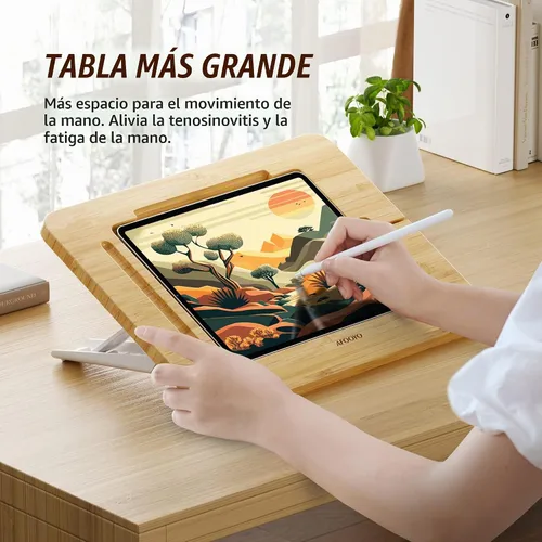 Vista 3 de AFOOYO Soporte de dibujo de bambú para tableta, portátil y ajustable, 5 ángulos, soporte elevador para laptop, soporte de lectura de libros
