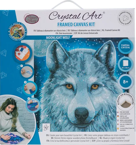 Vista 3 de Crystal Art Kit de arte de pared enmarcado mediano (11.8 x 11.8 pulgadas), lobo luz de luna, kit de pintura de diamantes para edades de 8 años