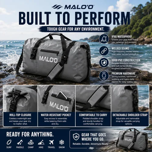 Vista 6 de Bolsa de lona impermeable Malo’o, bolsa de equipo resistente enrollable impermeable con correas para el hombro y bucles Molle, bolsa marina de lona