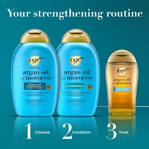 Vista 5 de OGX Aceite de argán renovador + de Marruecos, aceite de argán prensado en frío para tratamiento penetrante y brillo del cabello, aceite sedoso