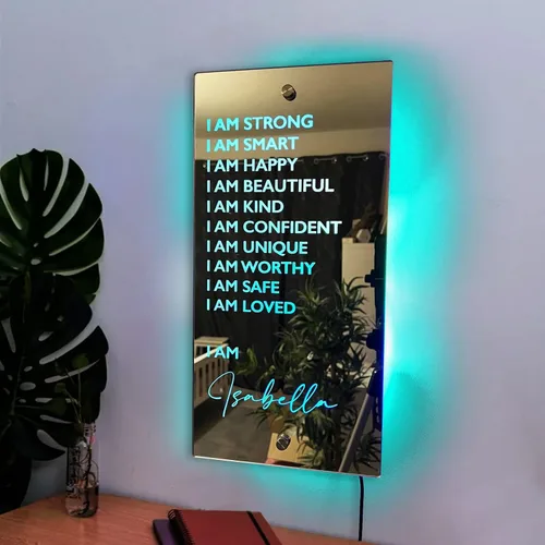 Vista 5 de Espejo de luz LED de neón personalizada de Affirmations "I Am - Decoración de pared con nombre personalizado para dormitorio, espejo LED
