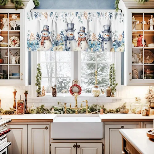 Vista 2 de Cenefas de cortina de Navidad con diseño de muñeco de nieve para ventanas, cenefas de ventana de hojas de eucalipto, bolsillo para barra, cortinas