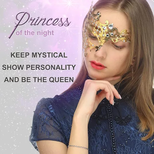 Vista 5 de Máscara de mascarada para mujer, con diamantes de imitación brillantes, veneciana, fiesta, baile de graduación, máscara de metal (media cara dorada)