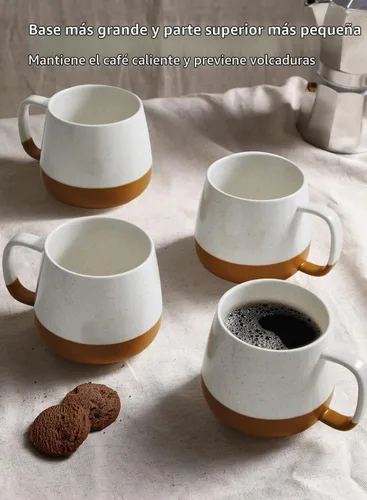 Vista 3 de Teocera Juego de 4 tazas de café de cerámica de 12 oz con asas grandes para bebidas calientes o frías como café con leche, cacao, té o jugo Beige
