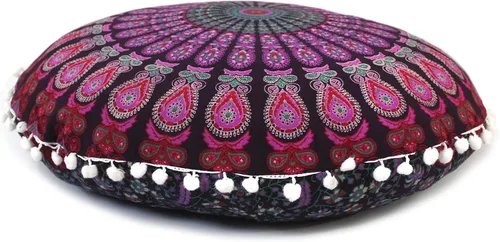 Vista 24 de Funda de almohada redonda con diseño de mandala para el suelo, funda de cojín para asiento, hippie, decorativa, bohemio, otomano, funda de puf Flor