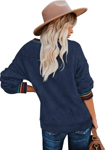 Vista 3 de WIHOLL - Suéteres de manga larga con cuello redondo y rayas arco iris para mujer, sudaderas lisas y mullidas