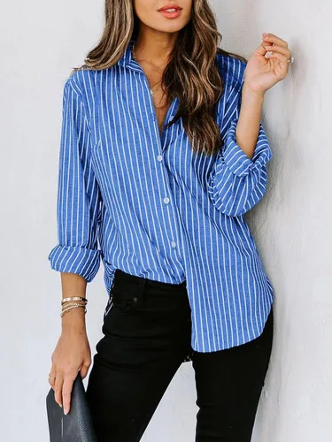 Vista 2 de Siliteelon - Camisas de botones para mujer, camisa de vestir a rayas de algodón, de manga larga, cuello con solapa, para oficina y trabajo