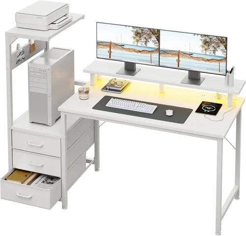 Vista 9 de AODK Escritorio para juegos de 52 pulgadas con puertos de carga USB y luz LED, escritorio reversible para computadora con estantes de almacenamiento