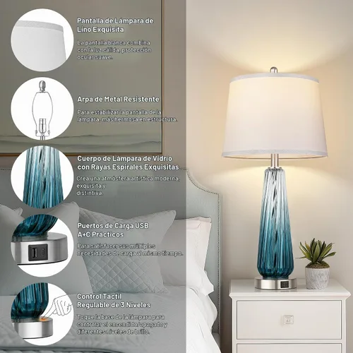 Vista 3 de Lámparas de mesa de cristal para sala de estar, modernas lámparas de noche con puertos USB A+C, lámpara de mesa de noche con control táctil Verde