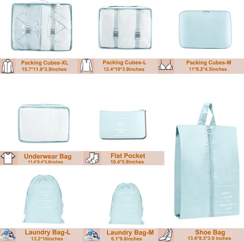Vista 3 de Cubos de equipaje para viaje juego de 8 bolsas organizadoras de equipaje para la familia, de malla transpirable, juego de bolsas esenciales de viaje