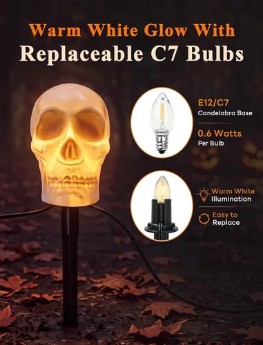 Vista 6 de Luces de estaca C7 de Halloween con calavera, 7 pies, cadena de luces de camino de Halloween con 4 bombillas C7, estaca, decoraciones de Halloween