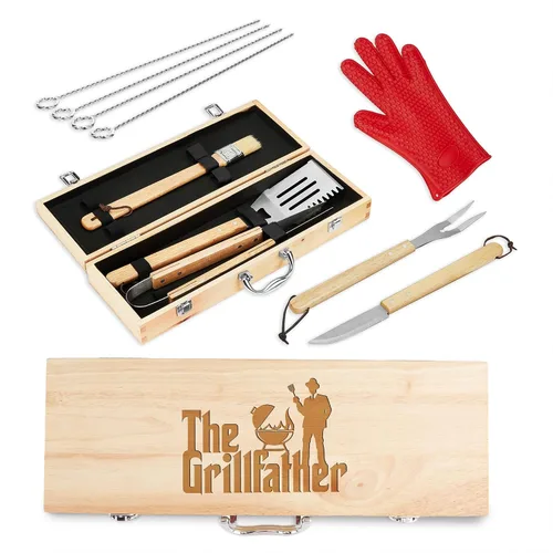 Vista 16 de Juego de parrilla BBQ de 11 piezas con caja de madera de arce grabada, herramientas de barbacoa de acero inoxidable premium con mangos de madera