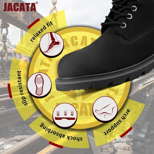 Vista 6 de Jacata Botas de trabajo con punta de acero para hombres, zapatos de seguridad de cuero resistente al agua, botas de construcción industrial de goma