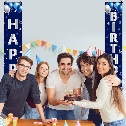 Vista 6 de Turypaty Cartel de feliz cumpleaños azul plateado para hombres y niños, cartel de feliz cumpleaños, porche, suministros de fiesta, decoración