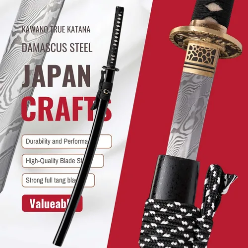 Vista 9 de Espada Katana KAWANO, espada japonesa de Damasco de acero plegable hecha a mano, espada samurái de lama completa funcional, mango de Rayskin real