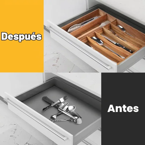 Vista 4 de Organizador de cubiertos de acacia de cocina, divisor de cajón ranurado extraprofundo, organizador de utensilios de 7 ranuras