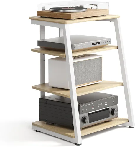 Vista 10 de FITUEYES Diseño de 4 niveles, estante de esquina para reproductor de discos, gabinete de madera para equipo de audio, torre de estantes con altura