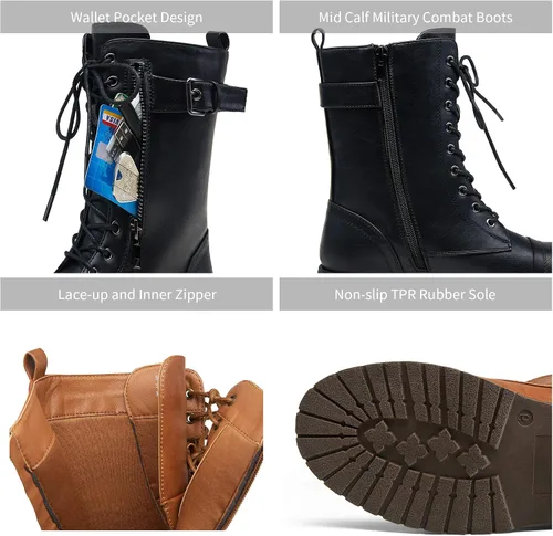 Vista 3 de Vepose Botas de combate militares de 28 a media pantorrilla para mujer con bolsillo tipo billetera para cuchillo de tarjetas
