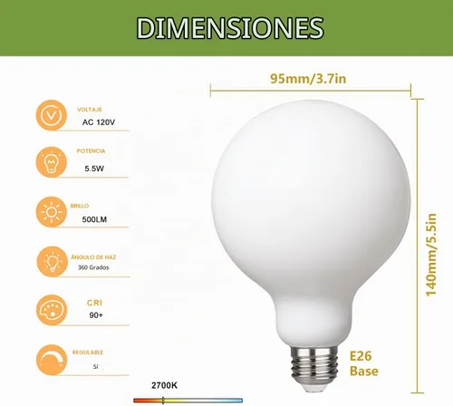Vista 2 de Paquete de 2 bombillas LED globo G30 (G95), bombillas LED Edison regulables de 5.5W equivalentes a 50 vatios, blanco cálido 2700K, 500LM, base E26