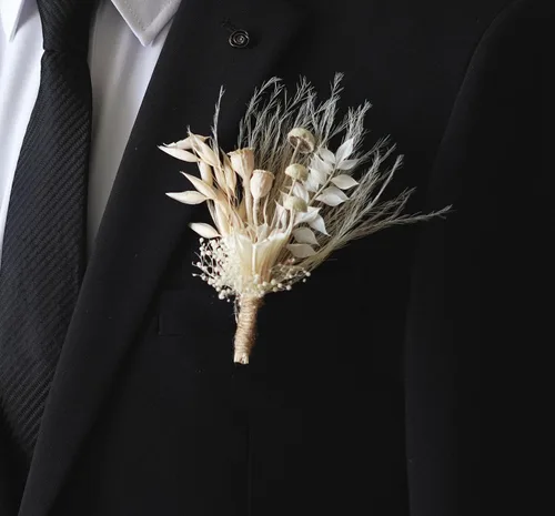 Vista 10 de Flores secas de hierba de las pampas blancas, ramo de flores secas rústicas, pin de solapa para mujeres/novio (B10)