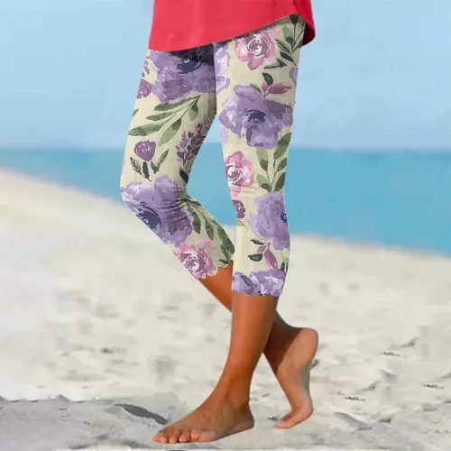 Vista 2 de Pantalones capri para mujer, estilo casual, estampado floral, festoneados, ajustados, para yoga, verano, playa, atléticos, elásticos