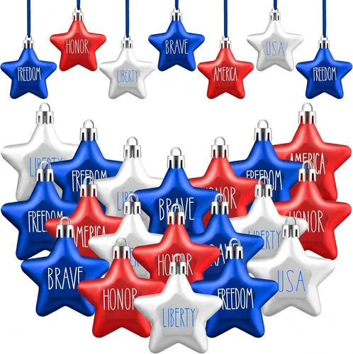 Vista 9 de Honoson 24 adornos colgantes del 4 de julio, decoración patriótica de árbol de estrella, adorno colgante para el día de los Caídos, rojo, azul