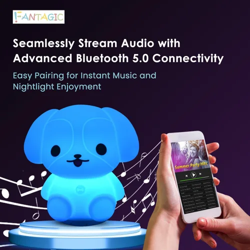 Vista 5 de Altavoz Bluetooth combinado y luz nocturna con 9 emisiones de color, silicona apta para niños y libre de BPA, recarga USB, recibe audio