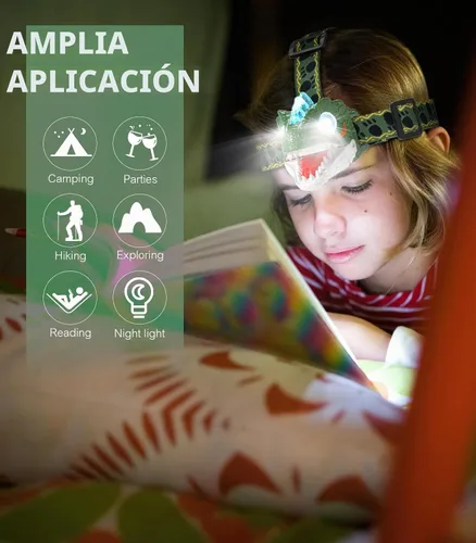 Vista 3 de Linterna de Cabeza para Niños - Linterna LED de Dinosaurio con Banda Ajustable para Niños y Niñas, 3 Modos de Iluminación - Perfecta para Acampar