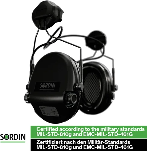 Vista 6 de Sordin MIL AUX Slim Ear Muffs - Active and Electronic Military Ear Defenders w/ARC Adapter - Tactical Earmuffs Negro