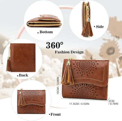 Vista 5 de APHISON Cartera pequeña para mujer, cartera RFID de girasol para mujer, de piel, bonita, compacta, plegable, con cremallera, borla, monedero