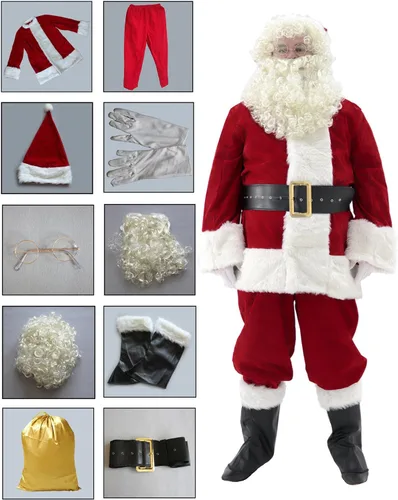 Vista 5 de Ahititi Disfraz de Papá Noel para hombres, traje de Papá Noel, para adultos, 11 piezas para hombre, de lujo, profesional, de Navidad, cosplay