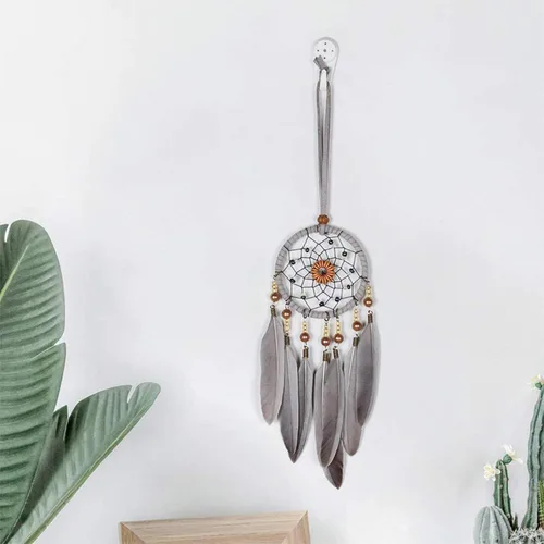 Vista 3 de Atrapasueños de plumas para interior de automóvil, colgante de plumas para colgar en la pared (estilo 1 - gris)