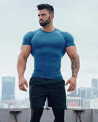 Vista 2 de COOFANDY Paquete de 3 camisetas de entrenamiento para hombre, manga corta, gimnasio, culturismo, muscular, capa base, camisetas de fitness