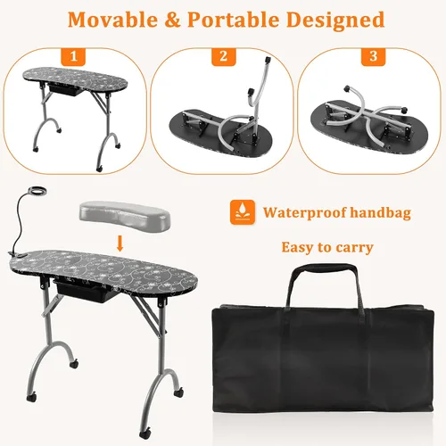 Vista 2 de Alohappy Mesa de manicura portátil y plegable con cajón, lámpara de mesa LED con enchufe USB, almohadilla de muñeca para cliente, bolsa
