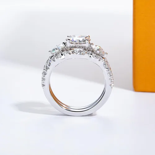 Vista 6 de AimiIee Juego de anillos de boda de moissanita, 3.7 CTTW color D, claridad VVS1, redondo, talla brillante, diamante de moissanita S925, anillos