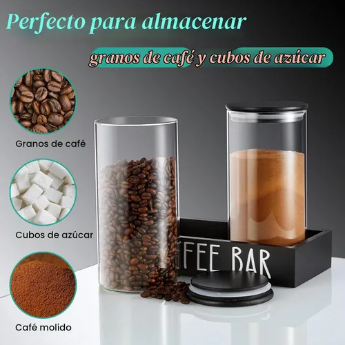 Vista 2 de Recipiente de Vidrio para Café Molido - Juego de 2 Piezas de 45oz de Recipientes para Café y Azúcar con Tapas Herméticas de Bambú y Bandeja Negra