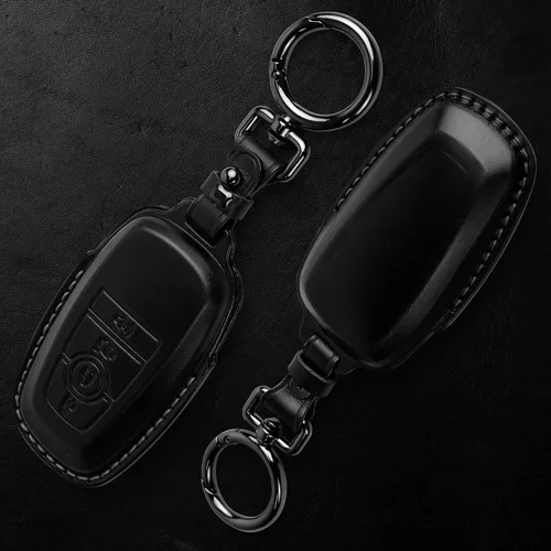 Vista 3 de Tukellen Funda de cuero para llavero de Ford con llavero compatible con Ford Explorer Mustang Fusion Escape F150 F250 F350 F450 F550 Edge-Negro