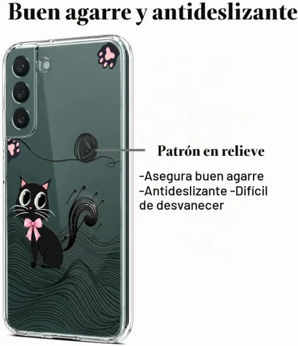 Vista 5 de Unov Funda para Galaxy S22, transparente con diseño, ajuste delgado, buen agarre, funda de teléfono en relieve, cubierta protectora a prueba de Gato