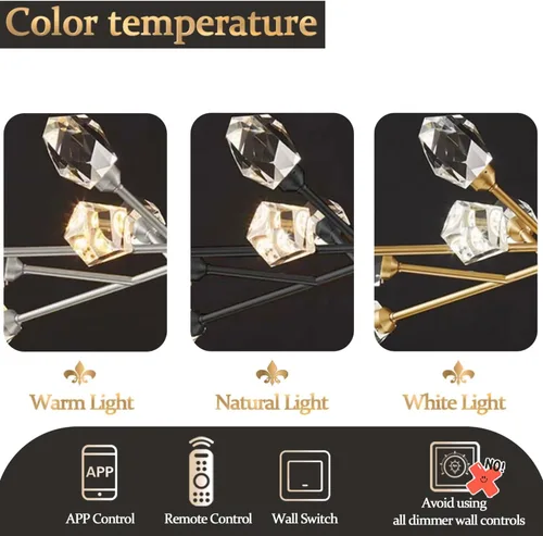Vista 6 de Flashing God Candelabros Sputnik - Moderno cristal, lámpara de araña dorada de 9 luces para comedor, accesorios de iluminación de cocina Dorado