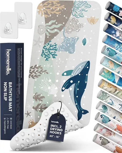Vista 13 de Homerella - Alfombrilla de baño antideslizante y antideslizante para niños, 40 x 16 pulgadas, sin BPA, incluye 2 ganchos, tapete de ducha lavable