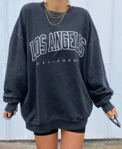 Vista 4 de Langwyqu - Suéter holgado de tamaño extragrande para mujer, diseño de cuello redondo y manga larga