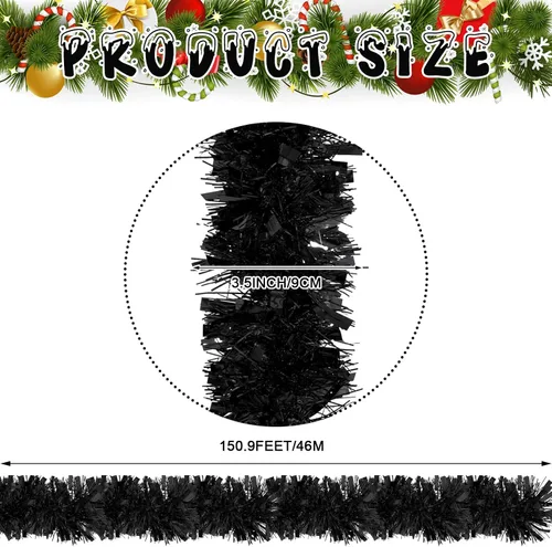 Vista 2 de Ceenna Guirnalda de oropel de Navidad de 150 pies, guirnalda metálica giratoria, brillante para colgar en el árbol de Navidad, suministros de Negro