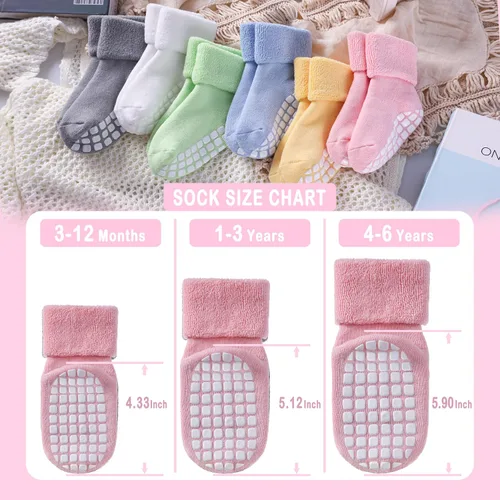 Vista 6 de DYW Calcetines antideslizantes para bebés, niños y niñas, calcetines gruesos de algodón cálido para invierno
