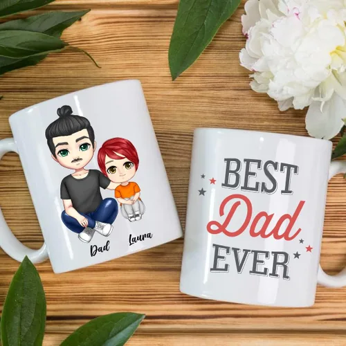 Vista 4 de Taza de café para el día del padre para papá de parte de hija e hijo. Taza del mundo con el mejor papá del mundo. Taza divertida con nombre
