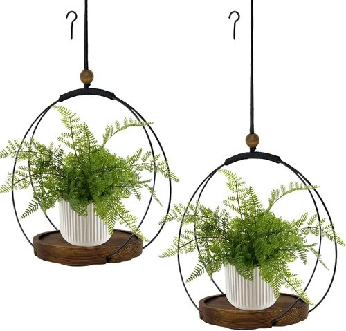 Vista 11 de Maceta colgante para plantas de interior, colgador de plantas negro para interiores con base de madera resistente, colgador de plantas de macramé