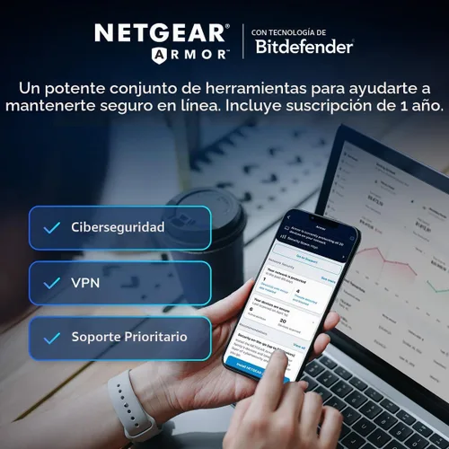 Vista 3 de Netgear Orbi Serie 970 Sistema de Red Mallada WiFi de Cuatro Bandas (RBE972S) - Rúter + 1 Extensor Satélite, Características de Seguridad, 27 Gbps